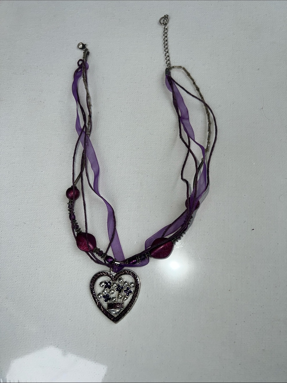 Source Unknown Purple Ribbon Multi-Strand Necklace with Heart Pendant